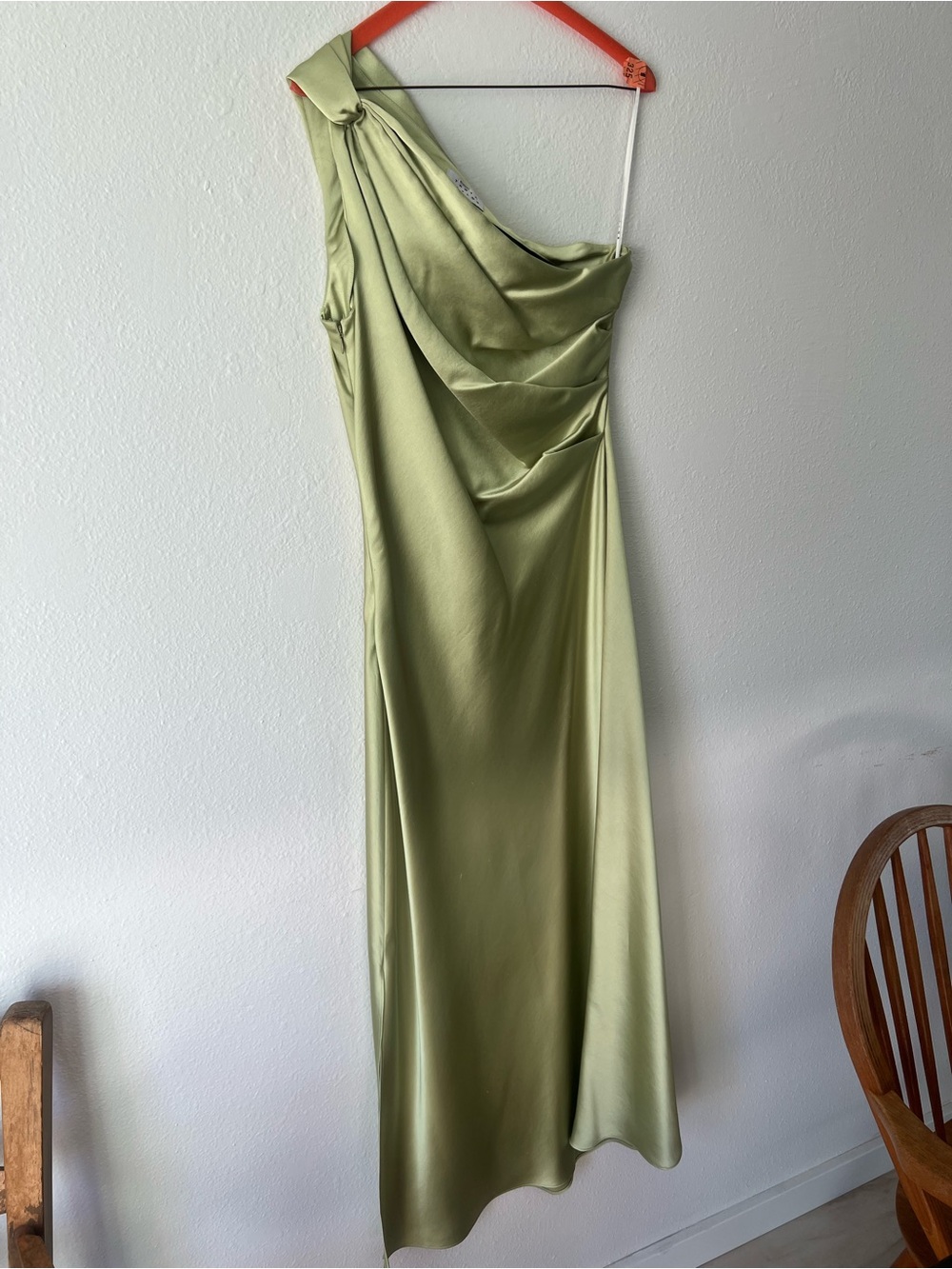 Tanya Taylor One-Shoulder Satin Dress in Sage Green